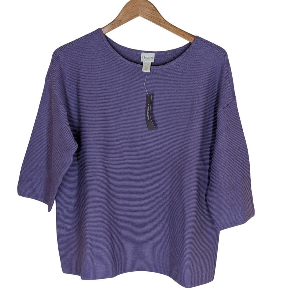 Chico's Ribbed Purple Pullover Knit Sweater Women's XL Size 3 Stretch 3/4 Sleeve